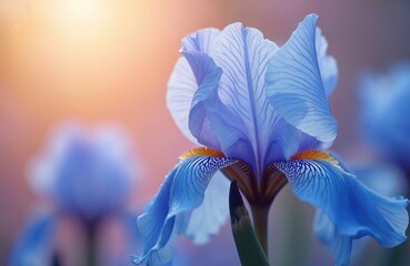 Macro photo of blue iris petals with soft bokeh background. Gentle light illuminates delicate veins on petals. Shallow depth of field blurs distant flowers and warm sunrise.