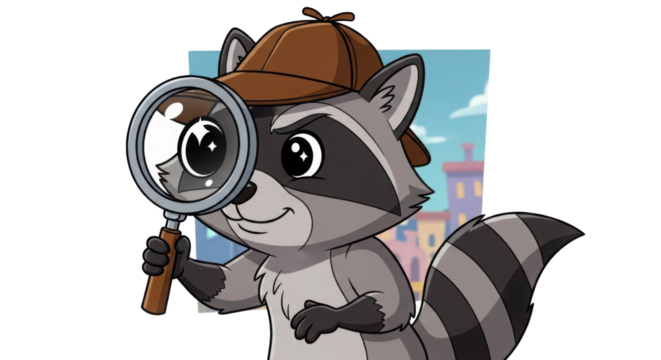 Cartoon raccoon detective wearing a hat with magnifying glass isolated PNG with Transparent Background