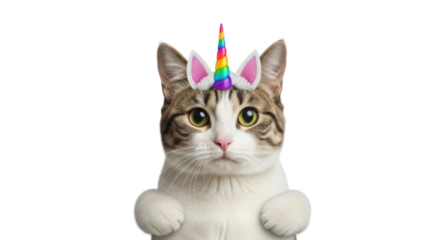 Funny Tabby Cat Wearing a Unicorn Horn isolated PNG with Transparent Background