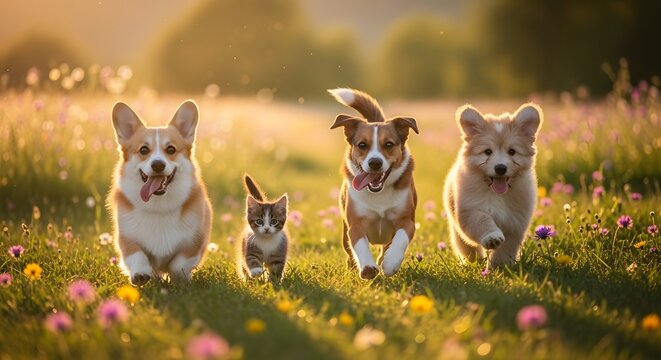 Adorable Dogs and Kitten Running Together in a Sunny Meadow.