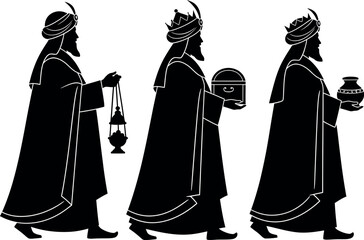 Three wise men silhouette, journeying and bringing gifts.
