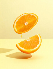 Slices of fresh orange falling on color background, closeup