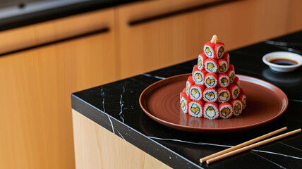 christmas new year Sushi tower displayed on brown plate with chopsticks and soy sauce  