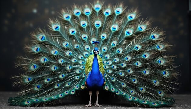 Photo showcases elegant peacock displaying its vibrant feathers. Its tail fan is fully spread revealing detailed patterns and rich colors. This majestic bird stands proudly against dark backdrop.
