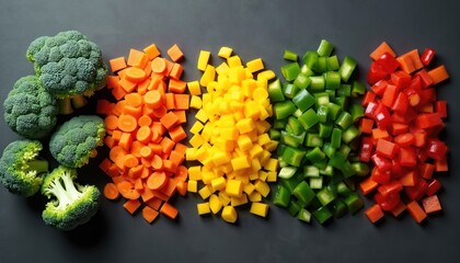 Heaps of colorful chopped vegetables including broccoli carrots yellow bell peppers green and red peppers are arranged neatly. Fresh produce for healthy eating cooking or salad preparation.