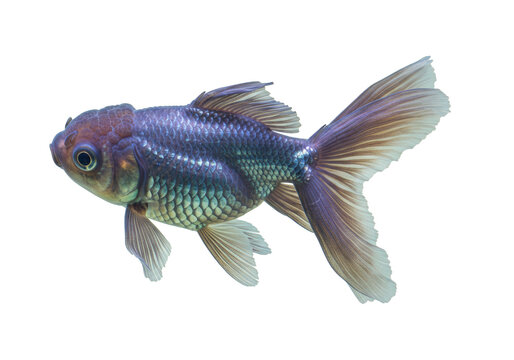 Beautiful blue Oranda goldfish isolated on transparent background, fancy fish with bubble eyes and flowing tail for aquarium pet concept