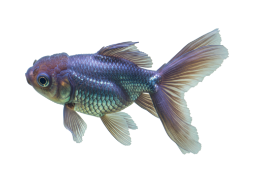 Beautiful blue Oranda goldfish isolated on transparent background, fancy fish with bubble eyes and flowing tail for aquarium pet concept