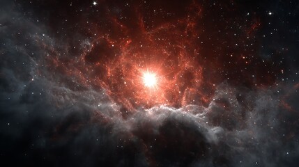 Fototapeta premium Red cosmic nebula with bright central star glowing in dark outer space with swirling gas clouds astronomy background for science and galaxy themed design