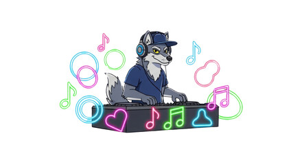 Cartoon wolf wearing headphones playing keyboard with music notes isolated PNG with Transparent Background