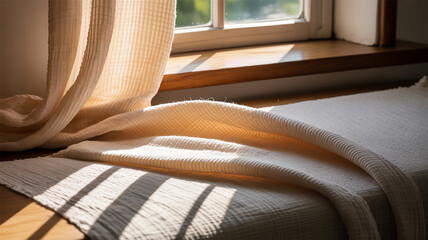 Sunlight streaming through window onto a cozy bed with a soft blanket
