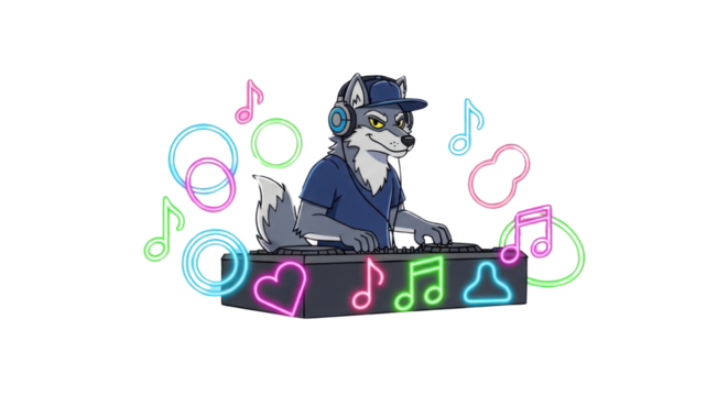 Wolf cartoon character wearing headphones playing the keyboard with glowing music notes isolated PNG with Transparent Background