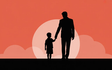 Silhouette of a father holding his sons hand against a sunset background