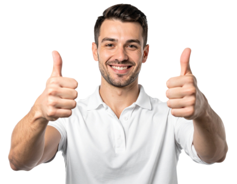 Man with thumbs up gesture isolated on white background, transparent PNG