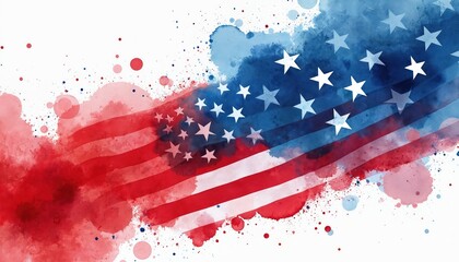 USA flag styled as watercolor background. It features red and blue colors, stars and stripes. Great patriotic wallpaper for Independence day celebrations or any other national holiday events.
