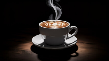 Aromatic coffee cup with latte art and steam on a dark wooden table