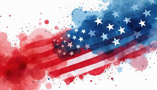 USA flag styled as watercolor background. It features red and blue colors, stars and stripes. Great patriotic wallpaper for Independence day celebrations or any other national holiday events.