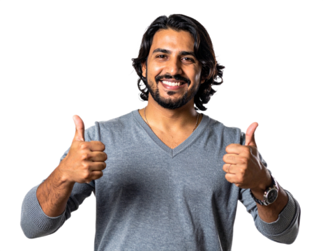 Man with thumbs up gesture isolated on white background, transparent PNG