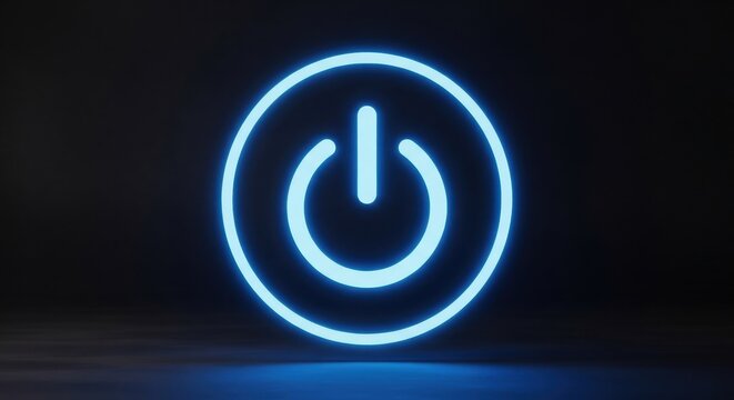 Illuminated Blue Power Button Icon on a Dark Background - Powered by Adobe