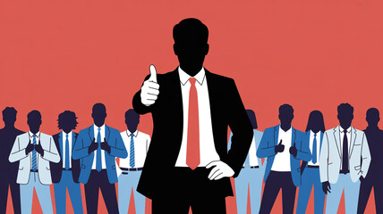 Silhouette of a leader giving thumbs up with his team in the background