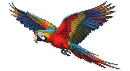 Obraz premium Vibrant Scarlet Macaw Parrot in Mid-Flight with Wings Spread Wide.