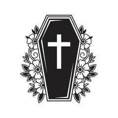 Obraz premium Coffin with cross and flowers vector illustration. Funeral casket silhouette with floral wreath isolated on white background. Death and memorial symbol. 