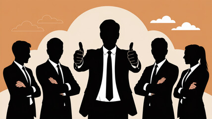 Silhouette of business team with leader giving thumbs up in front of clouds