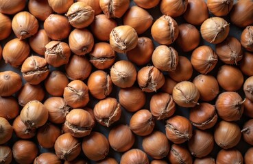 Obraz premium Raw hazelnuts in shell fill frame creating natural brown food texture background. Many whole nuts with visible seam on surface lay closely together. Top view shot.