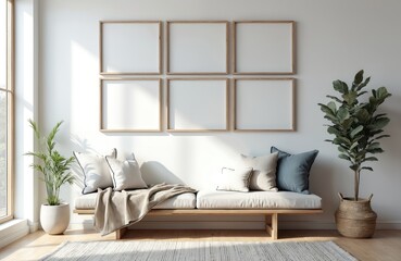 Fototapeta premium Modern living room interior with blank picture frames on white wall. Wooden bench with pillows blanket plants add natural vibe. Light from window creates cozy atmosphere.