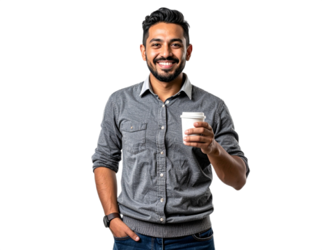 Smiling man holding coffee cup isolated on white background, transparent PNG