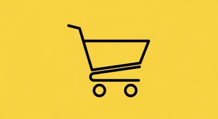 Simple black linear vector icon of a shopping cart on a clean yellow background representing e-commerce.