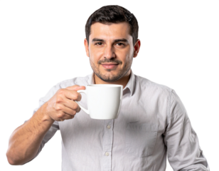 Man holding a white mug isolated on white background, transparent PNG