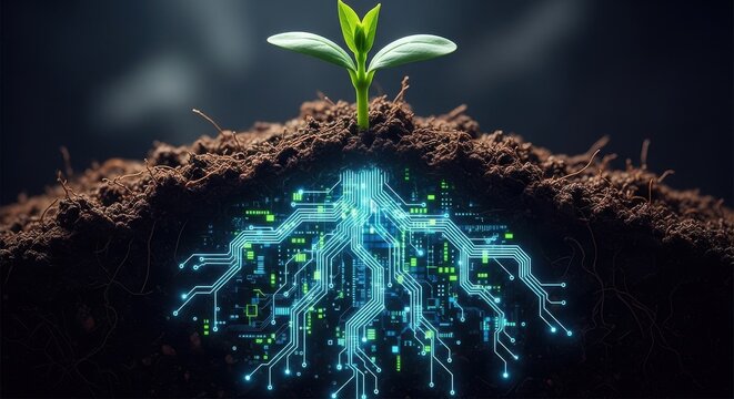 Green plant sprouting from soil with glowing blue digital circuit board roots symbolizing agricultural technology.