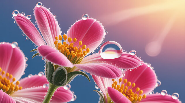 Close up of pink flower with water droplet, illuminated by soft sunlight - Powered by Adobe