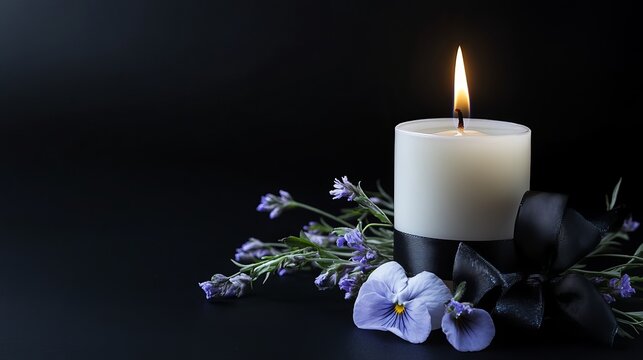 White burning candle with black ribbon and delicate purple flower on black background for funeral and obituary announcement