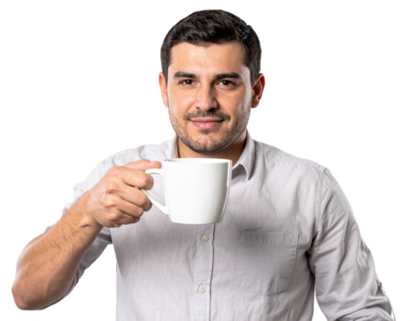 Man holding a white mug isolated on white background, transparent PNG