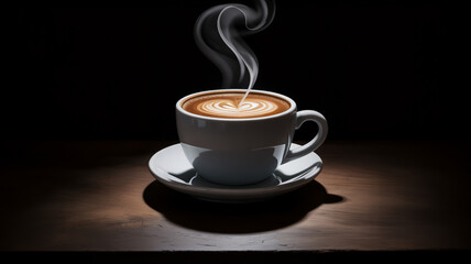 Cup of coffee with latte art on a wooden table isolated on black background