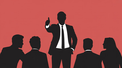Silhouette of a businessman giving a speech to a group of people in a meeting