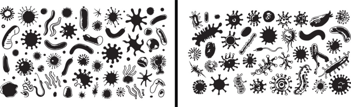 microbiology bacteria doodle set, science biology vector, germs and virus illustration, hand drawn micro organism art, microscopic biology elements, education science artwork, pathogen cartoon design,