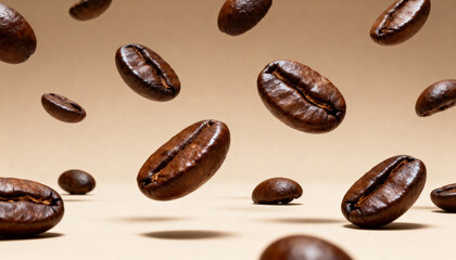 Flying coffee beans on beige background. Coffee beans levitate in the air.