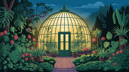 Enchanting botanical garden with a glass greenhouse at night in a serene setting
