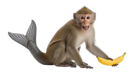 Monkey mermaid holding a banana isolated PNG with Transparent Background