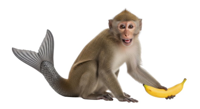 Monkey mermaid holding a banana isolated PNG with Transparent Background