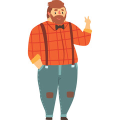 Cartoon Man With Red Plaid Shirt Blue Jeans And Suspenders Holding Up Two Fingers In The Air With A Transparent Background