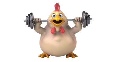 Cartoon chicken lifting barbell isolated PNG with Transparent Background