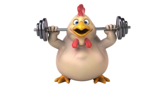 Cartoon chicken lifting barbell weights isolated PNG with Transparent Background
