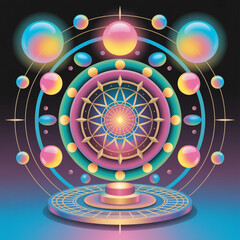 Colorful geometric mandala with spheres and circles on a pedestal stage