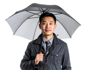 Asian man holding umbrella isolated on white background, transparent PNG