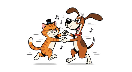 Cartoon dog and cat dancing together isolated PNG with Transparent Background