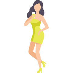 Elegant Woman In A Lime Green Strapless Cocktail Dress Holding A Glass Of Drink She Is Wearing High Heels And Her Hair Is Dark And Wavy On A Transparent Background