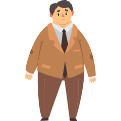 A Cheerful Chubby Man Standing On A Transparent Background Wearing A Brown Suit And Tie With Elbow Patches